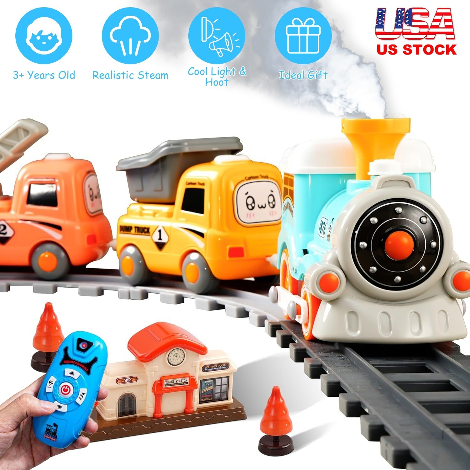 Electric toy train set with trucks and track