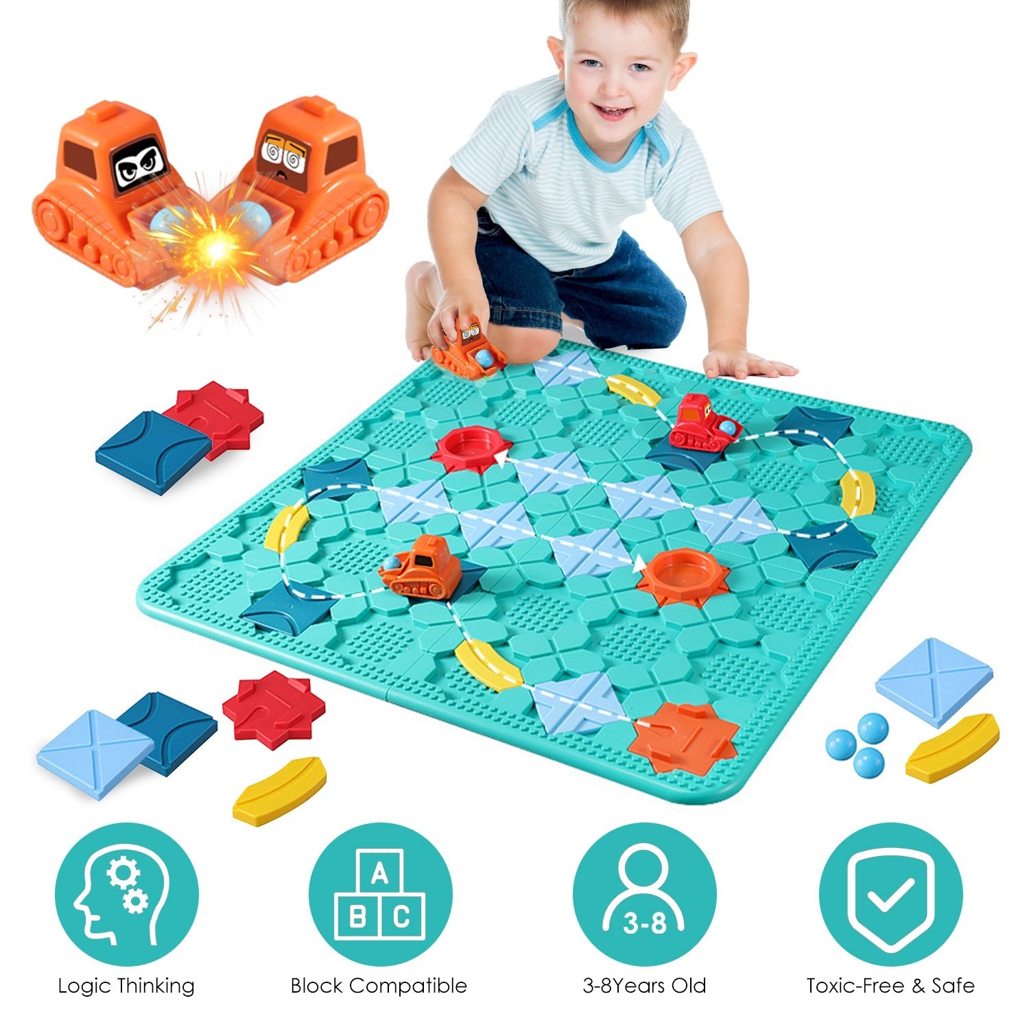 Child solving a logic road builder puzzle on the floor